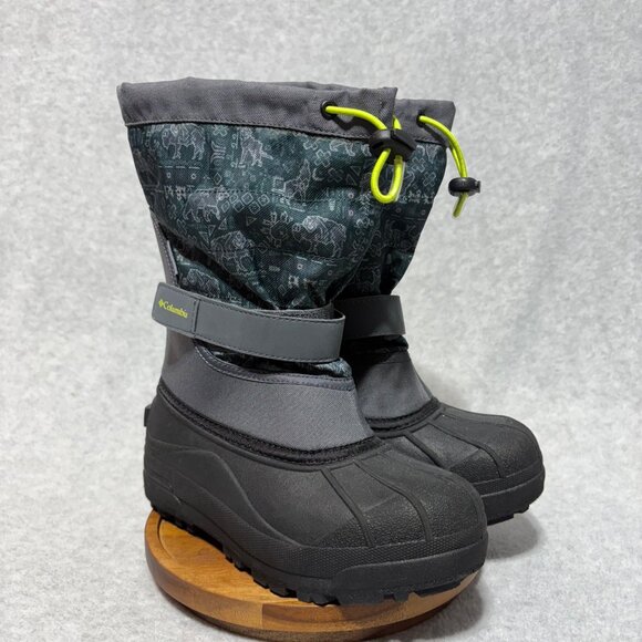 Columbia Kids Boots Size 4 Powderbug Winter Snow Green Gray Waterproof - Picture 2 of 10